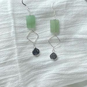 Natural Green Jade Gemstone, Sparkly Black Stone Sterling Sliver Earrings New